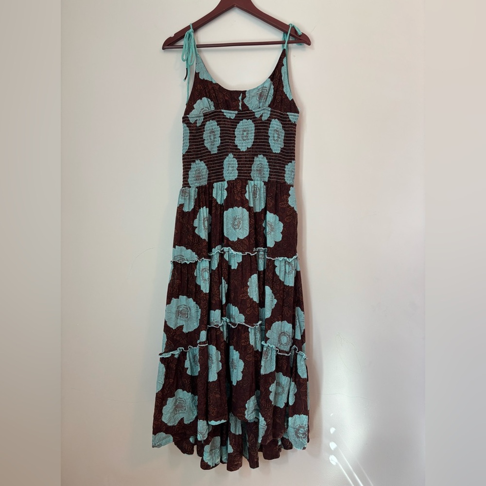Free People Womens Adriel Midi Large Brown Floral Smocked Tiered Pockets Boho